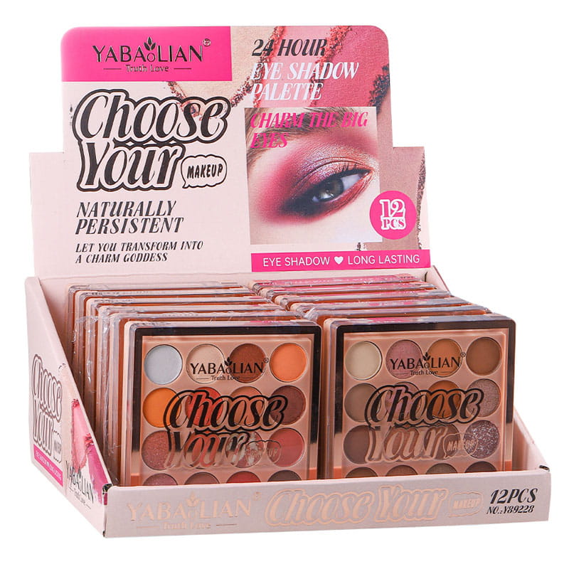 12-color eyeshadow palettes displayed in retail packaging