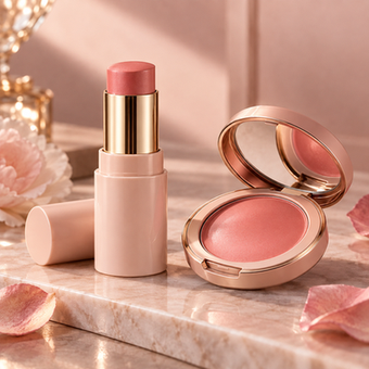 Cream blush color development samples in a clean cosmetic formulation setting