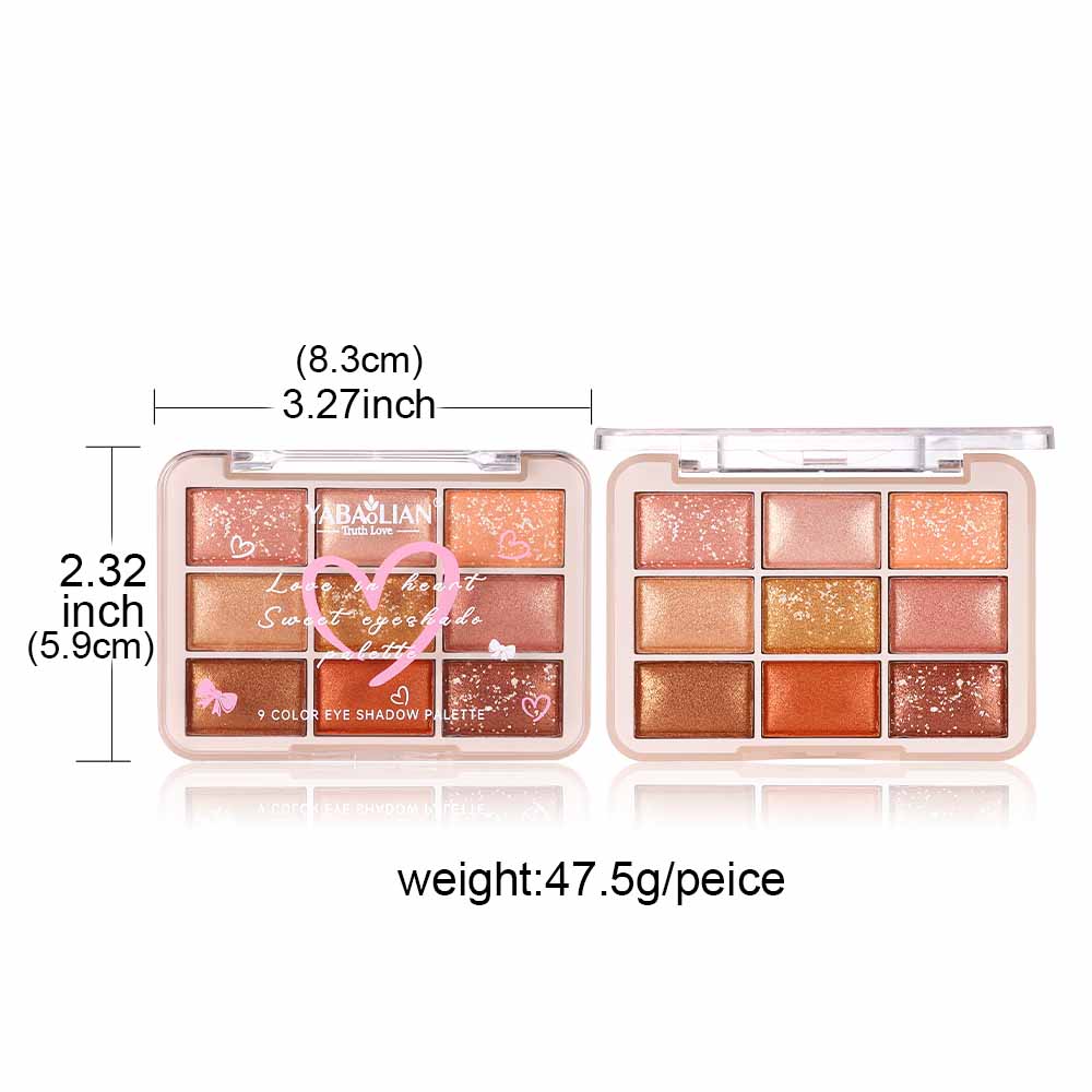 Eyeshadow palette shown with product dimensions and net-weight information