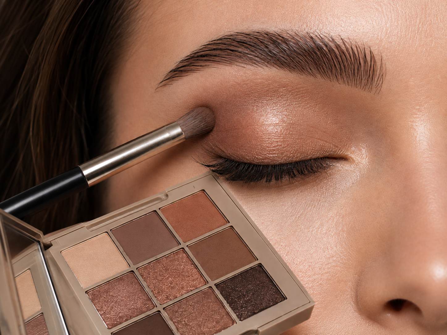 User applying warm-toned eyeshadow from a custom palette
