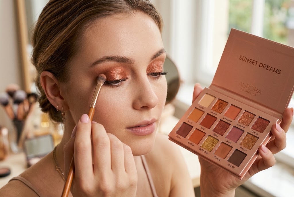 Woman applying warm-toned eyeshadow with an eyeshadow palette